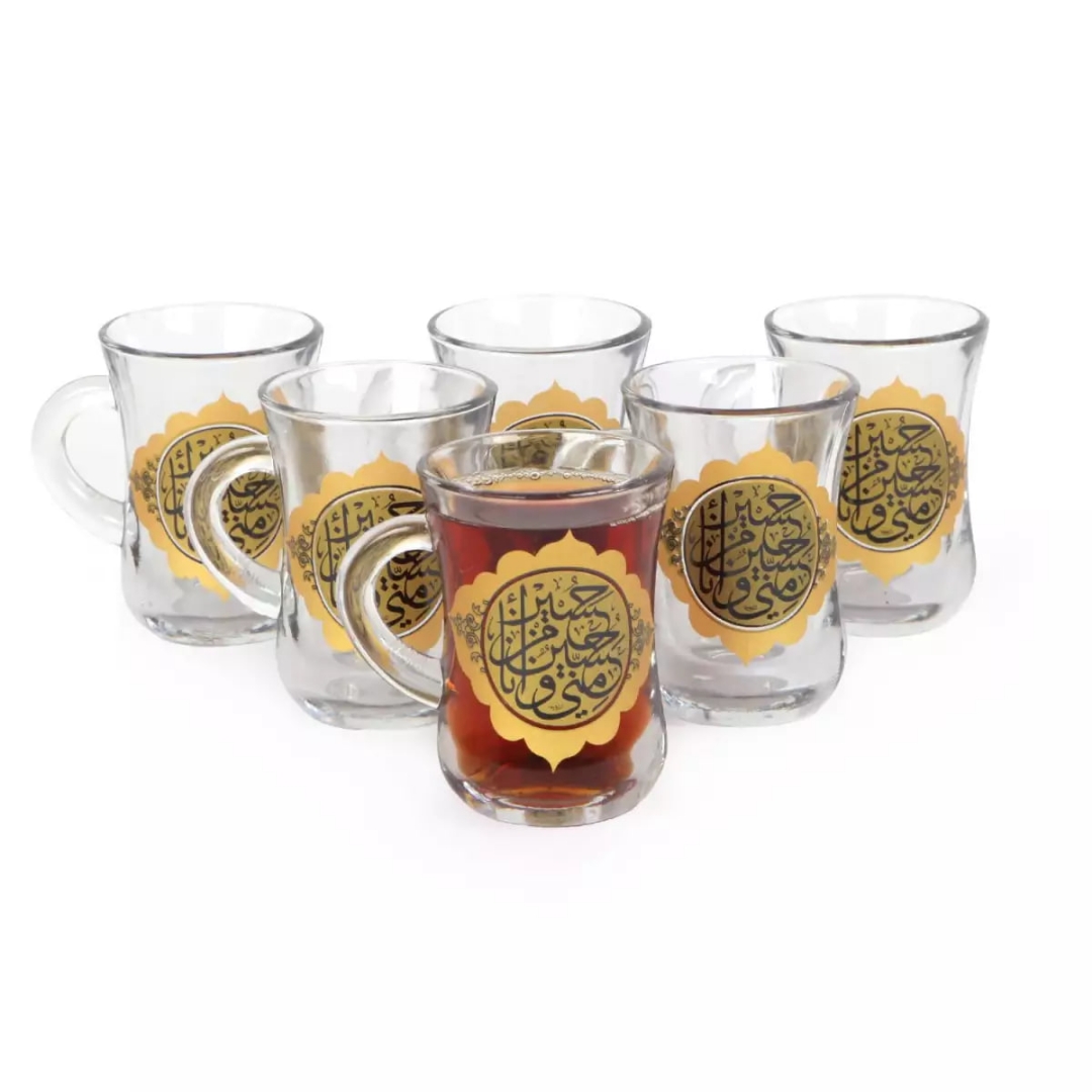 استکان کمر باریک دسته دار طرح حسین منی و انا من حسین - بسته 6 عددی